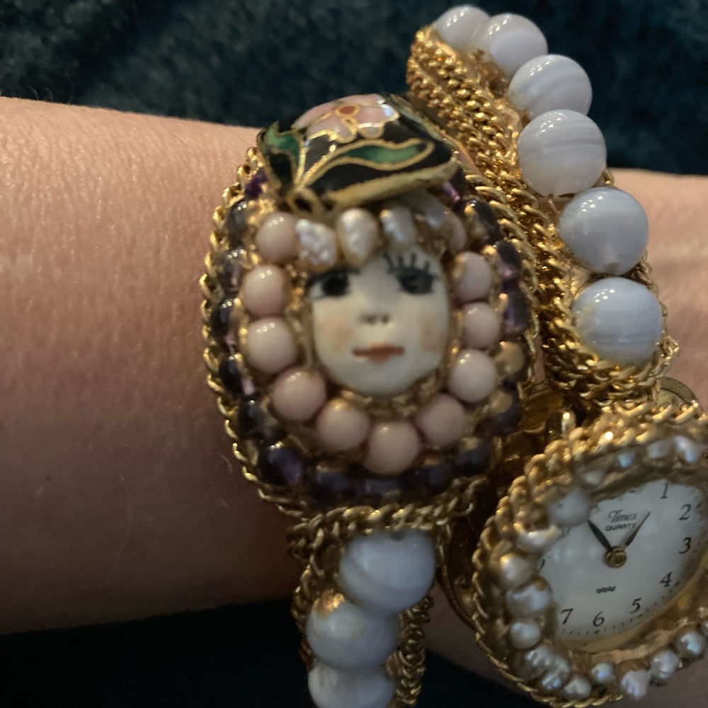 Vintage artist created Porcelain Face and watch face bracelet. Fabulous